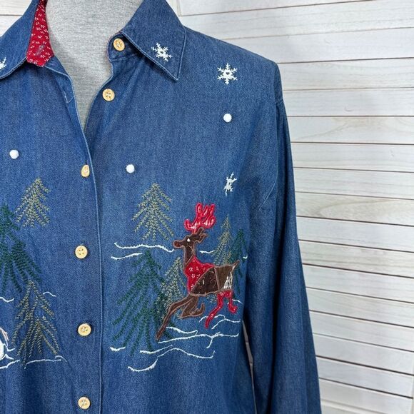 Karen Scott Embroidered Country Christmas Denim Button Up Shirt Blue Medium - Picture 3 of 12